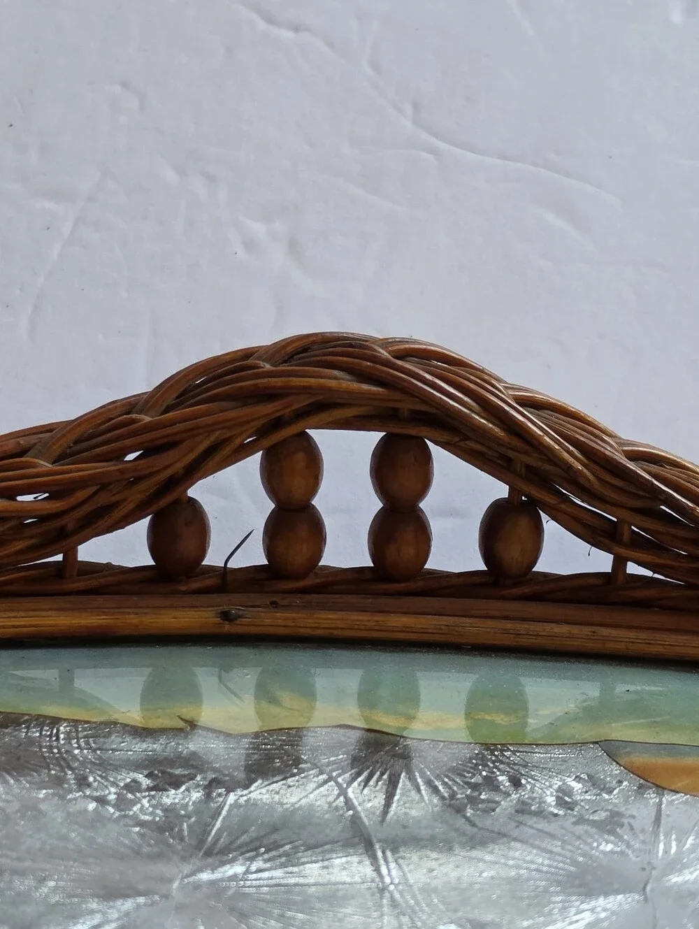 Asian Vintage Wicker Serving Tray Foil Paper Art Glass Top - 19